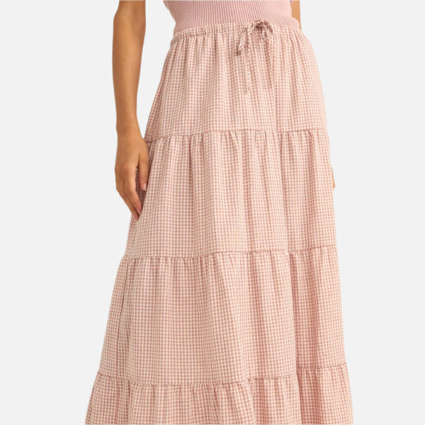 Rhythm Lola Checked Tiered Maxi Skirt - Dusty Pink