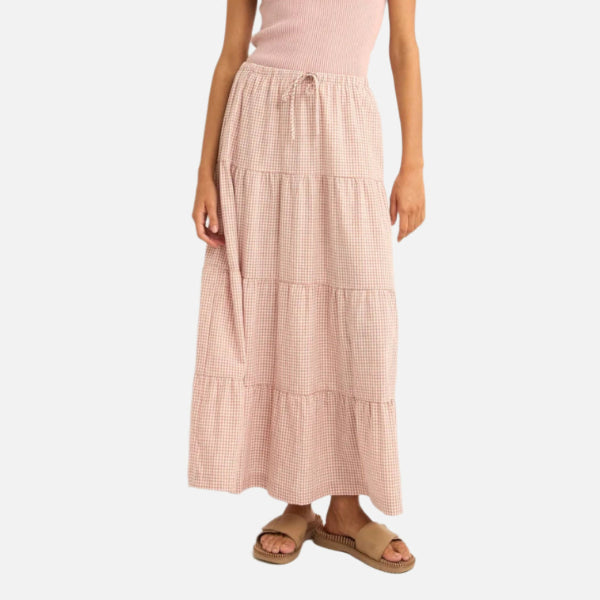 Rhythm Lola Checked Tiered Maxi Skirt - Dusty Pink