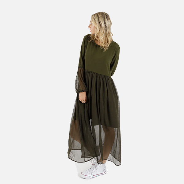 Federation Sheer Tier Dress - Olive