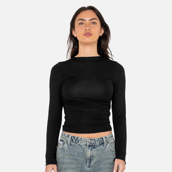 Rusty Plain Jane Ruched Long Sleeve Top - Black